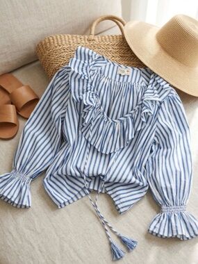 Mille Blue White Striped Ruffle Top Boho Peasant Balloon Sleeve Coastal Resort S